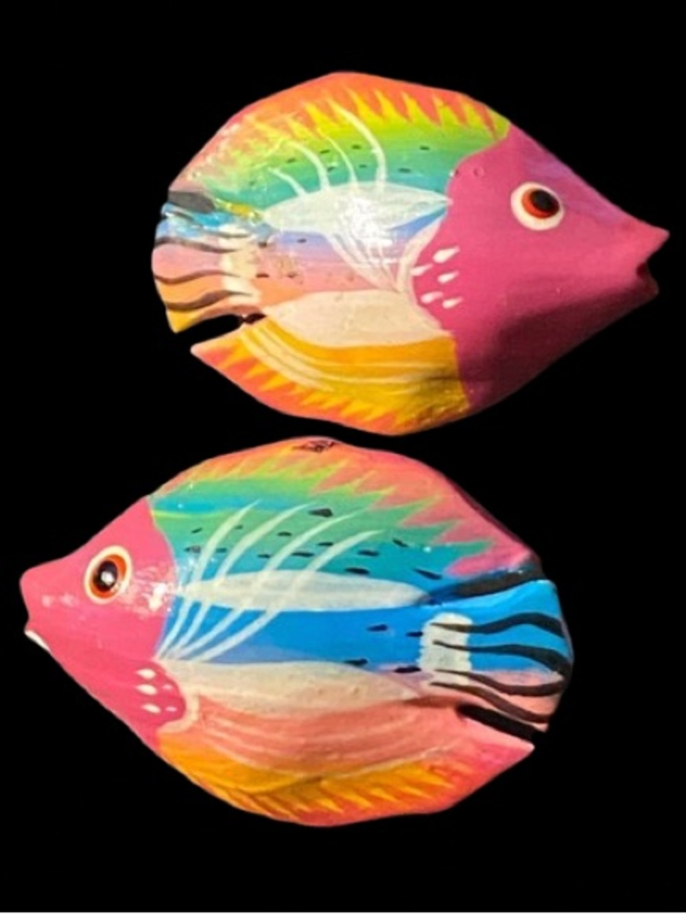 Vintage Colorful Wooden Hand Crafted Earrings Pierced Tropical Fish Design